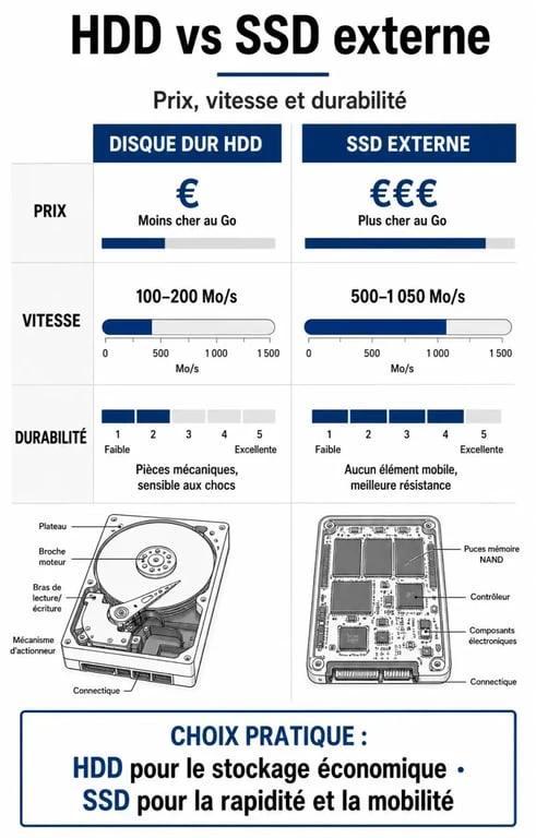 Comparatif prix et performances disque dur externe HDD vs SSD