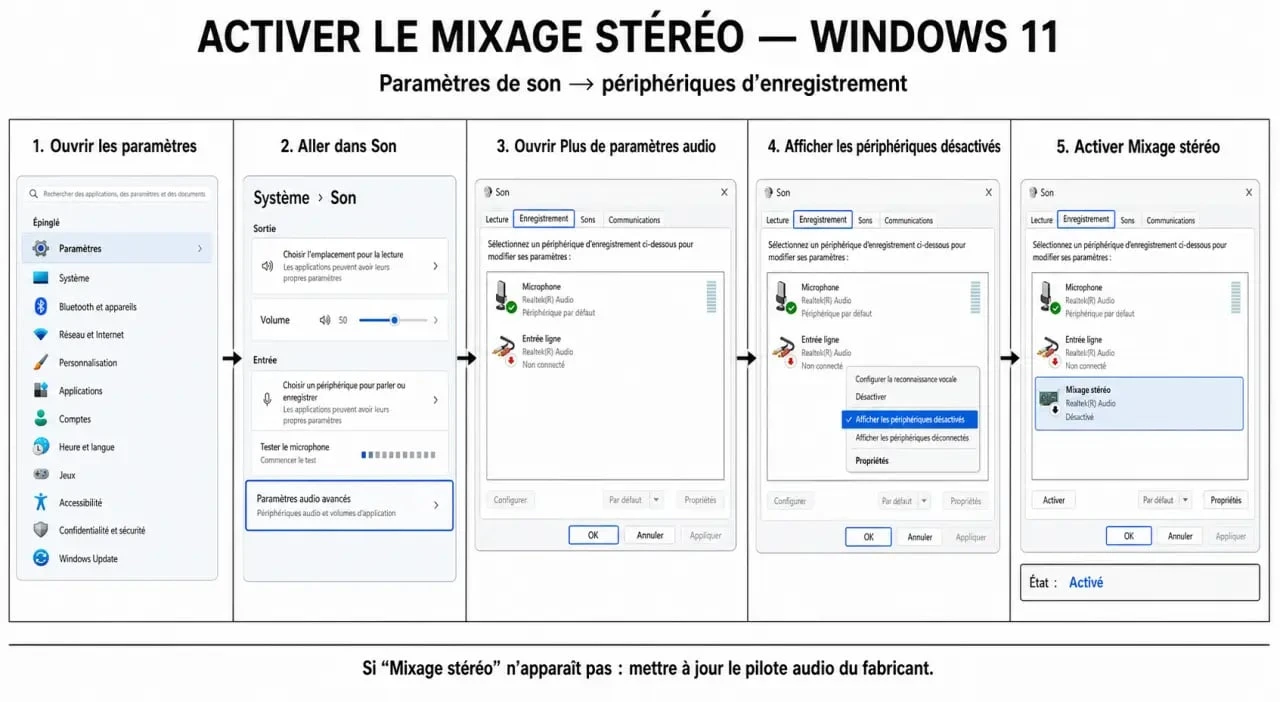 Schéma des étapes pour activer le mixage stéréo sous Windows 11 pour enregistrer son système