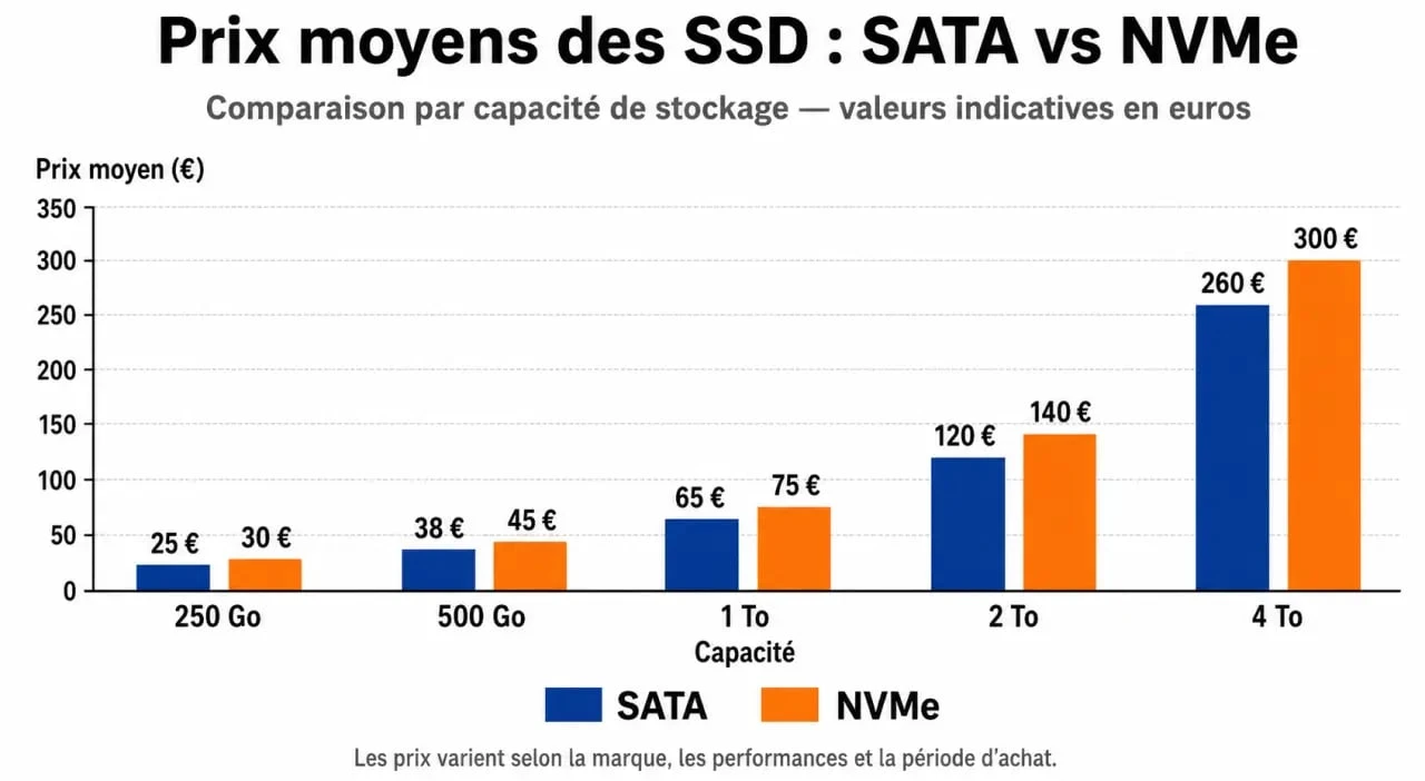 Comparatif des prix moyens des disques SSD SATA et NVMe par capacité pour choisir le meilleur rapport qualité-prix.