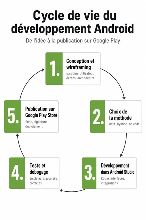 Infographie des étapes pour créer une application pour Android, du concept à la publication sur le Google Play Store