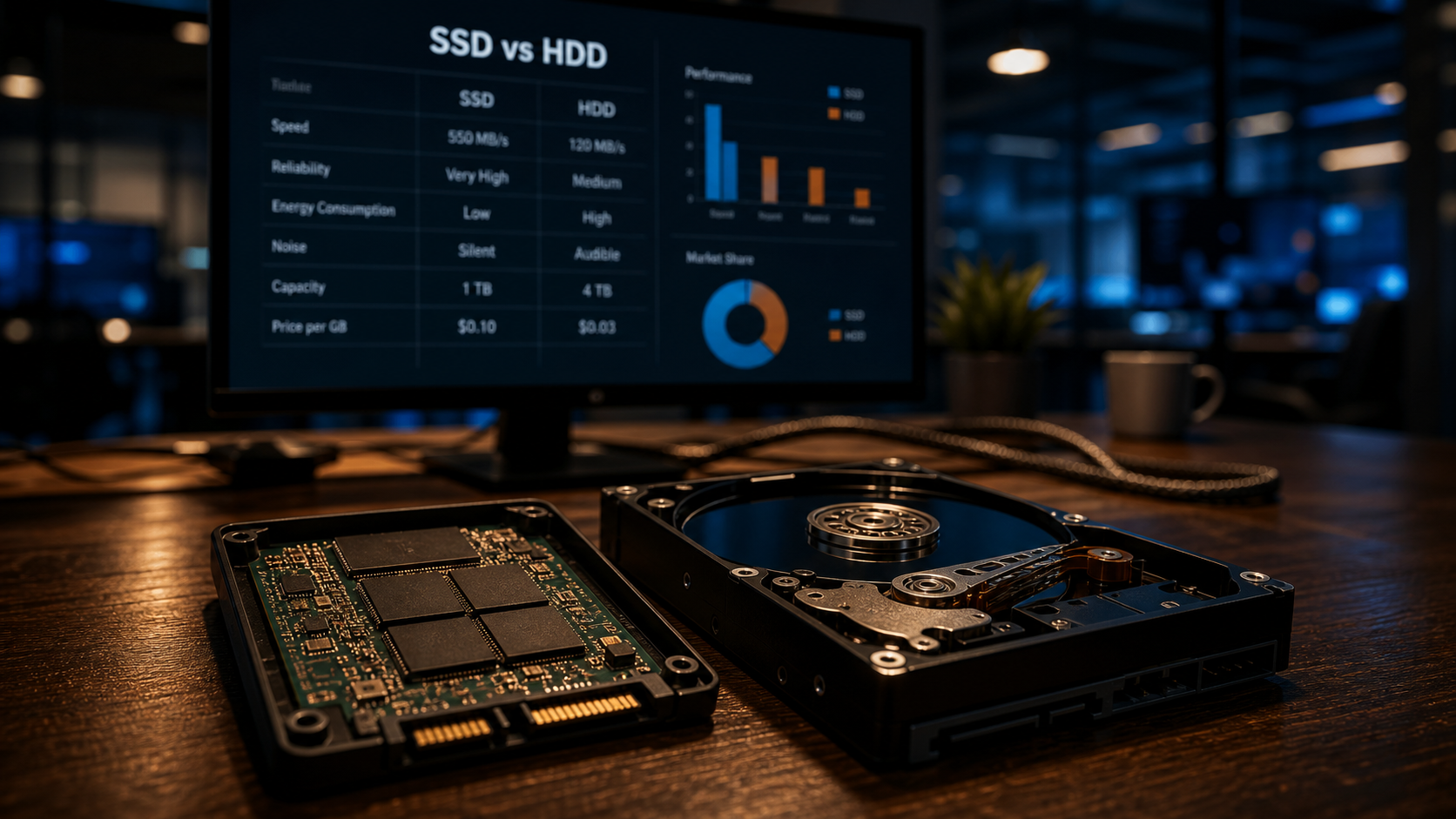 Hard drive HDD and SSD : comparaison HDD vs SSD, table avec SSD et HDD