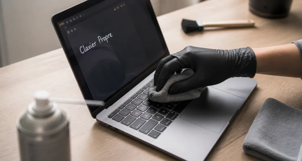nettoyant clavier ordinateur portable sur table