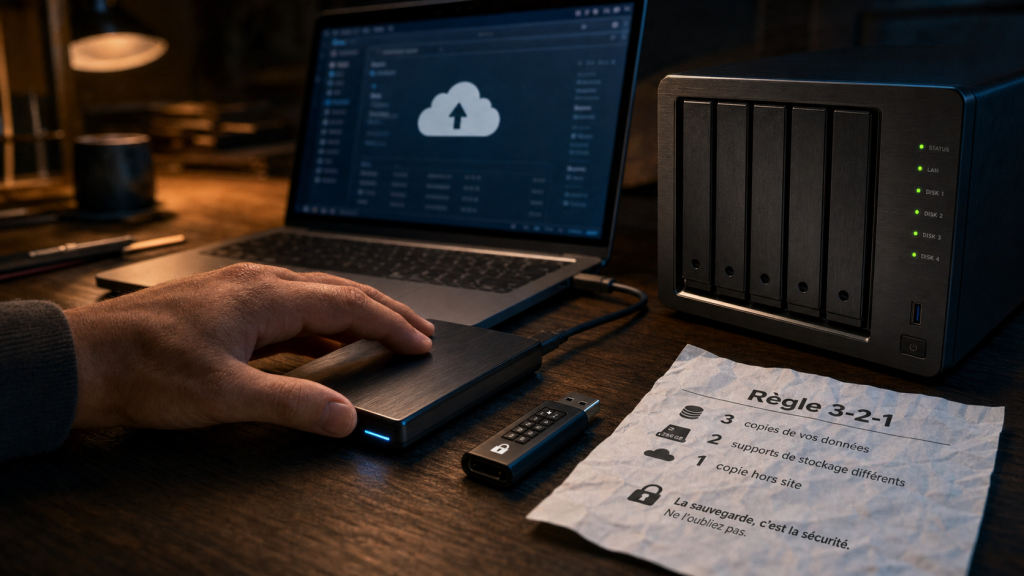 Sauvegarde des données : règle 3-2-1, disque externe, NAS, cloud