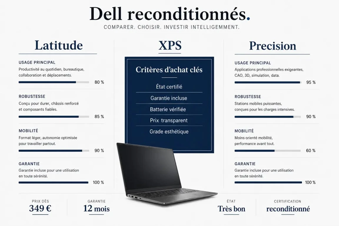 Infographie comparative sur le Dell reconditionné avec les gammes Latitude, XPS et Precision
