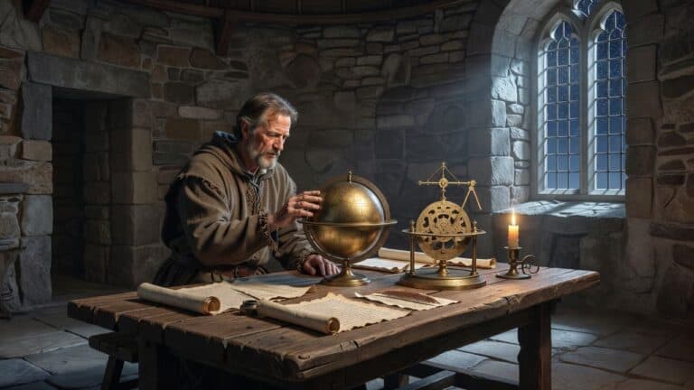 Historiker studerer middelalderens astronomi med globus og instrumenter.