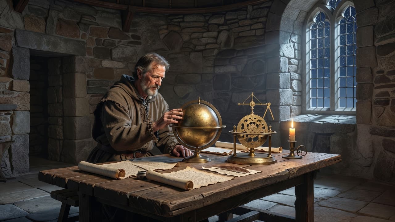 Historiker studerer middelalderens astronomi med globus og instrumenter.