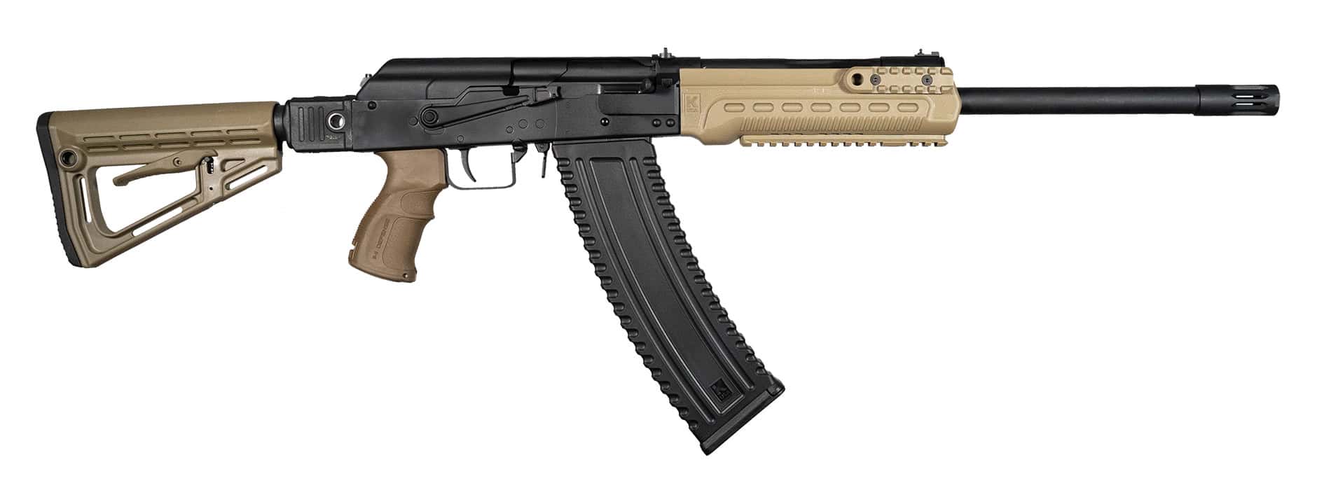 Kalashnikov - 3" 12 Gauge Shotgun, Semi-Auto, One 10 Round Magazine, 18" BBL, Muzzle Brake, Side Folding Collapsible Stock, Handguard w/ Rails, Flat Dark Earth Synthetic