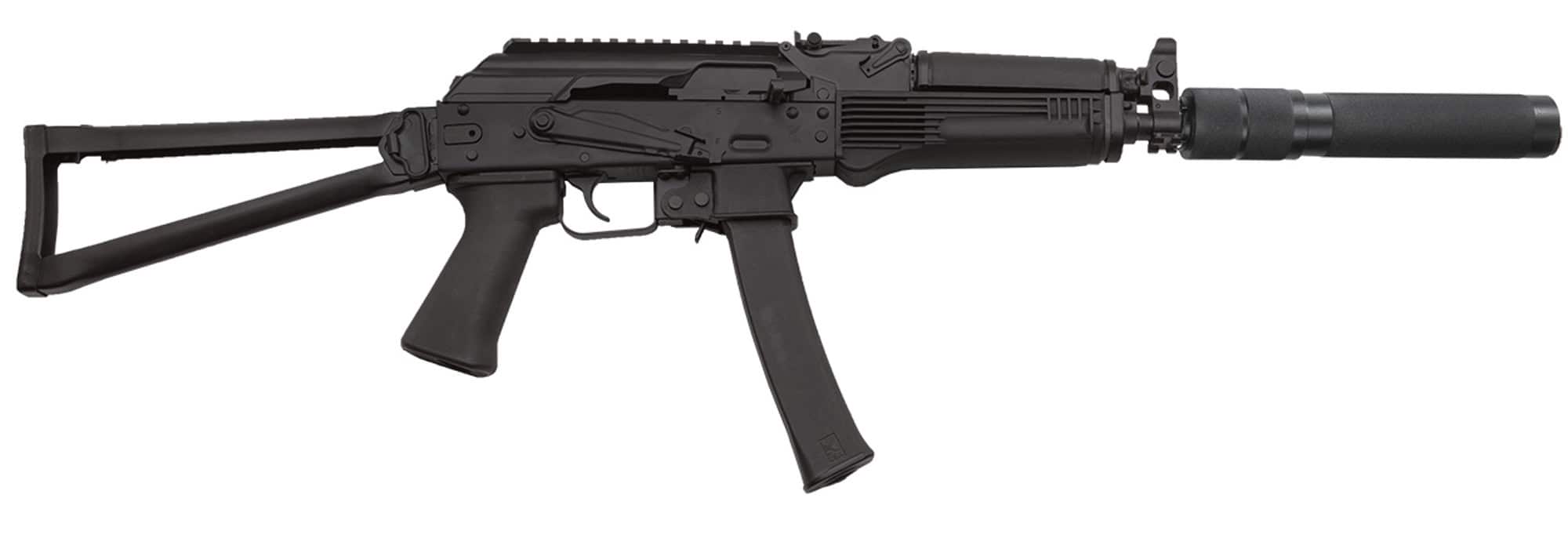 Kalashnikov - 9x19mm Rifle, Semi Auto, One 30 Round Magazine, 16.33" BBL, Side Folding Triangle Stock, Handguard, Top & Front Rails, Faux Suppressor Barrel Shroud, Black Synthetic