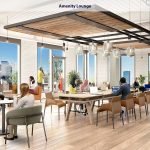 Modern amenity lounge with large windows, stylish furniture, and people relaxing.