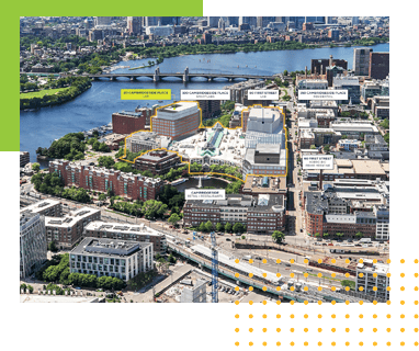 Aerial view of CambridgeSide shopping mall and surrounding cityscape with river and bridges.