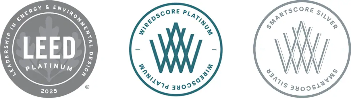 Three LEED, Wiredscore, and SmartScore Silver certification logos for CambridgeSide.