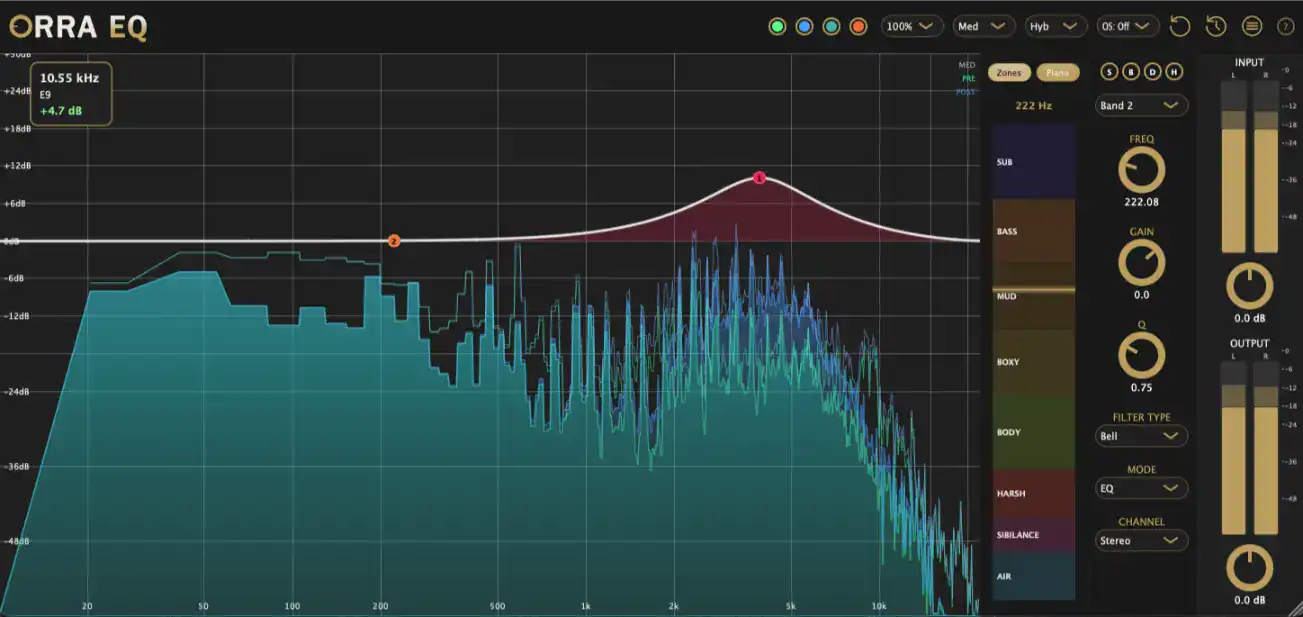Audio equalizer interface for electronic music mixing and mastering.