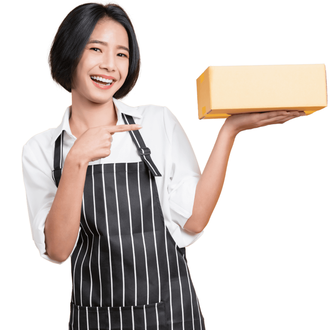 A happy woman with 360growthlabs holding an ecommerce box as a showcase of here succefull fashion business