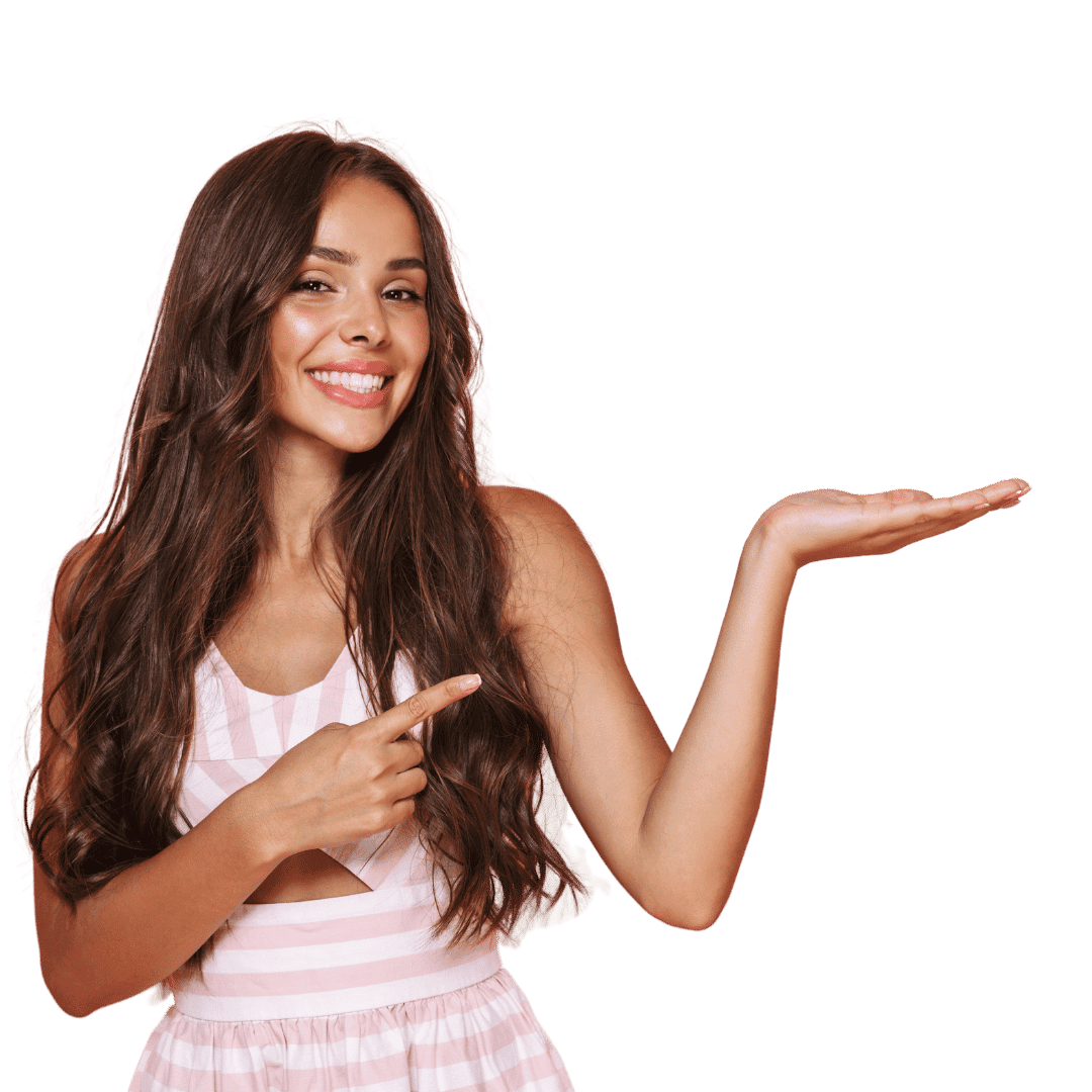 A woman standing and pointing to the logo of 360growthlabs which offers end-to-end Fashion brand clothing development, production, and photography solution.