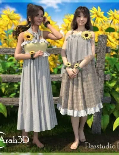 Sunflower girl dresses 3D models, women in sunflower-themed dresses standing outdoors, summer fashion, detailed Daz3D character assets, vibrant floral background for visual design projects.