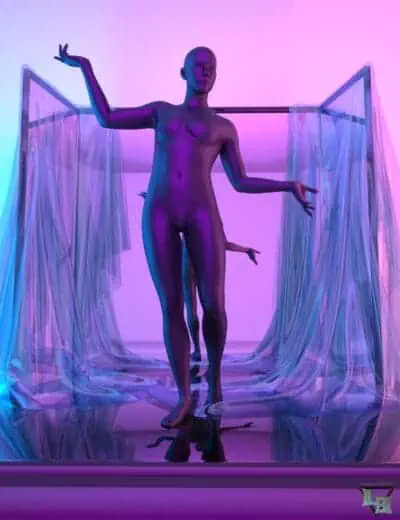 Shiny purple female 3D model with artistic glass curtains and colorful neon lighting, showcasing high-quality DAZ3D assets for digital art and 3D rendering projects.