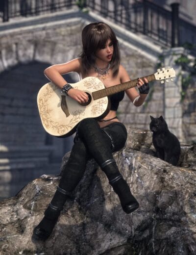 Guitar-playing woman on rocky ledge with black cat, detailed 3D render of character with music styling, gothic fashion, and outdoor urban scene, emphasizing high-quality Daz3D assets.