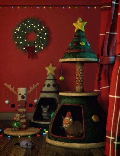 3D Christmas scene featuring decorated feline beds, festive ornaments, a glowing wreath, and holiday decorations, showcasing high-quality Daz3D assets for Christmas and winter holiday themes.