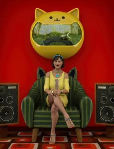 Fish tank with sharks and aquatic life behind a woman sitting on a green upholstered armchair in a vibrant room, showcasing detailed 3D character design, realistic textures, and vivid colors for Daz3D asset promotion.