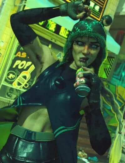 Dark cyberpunk female character drinking soda with glowing neon signs in the background, wearing a futuristic hooded outfit and gloves.