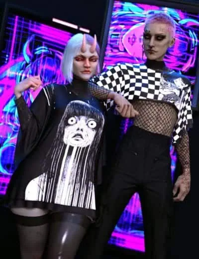 Futuristic models with edgy fashion and cyberpunk aesthetics at a digital art exhibition, showcasing unique 3D character design, goth style clothing, and neon light backgrounds.