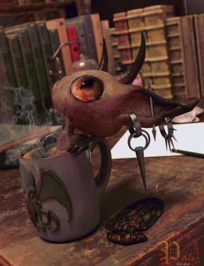 Intricate 3D digital render of a fantasy creature skull mounted on a mug with spiked jewelry, detailed textures, and warm lighting, available as high-quality Daz3D assets for creative 3D art.