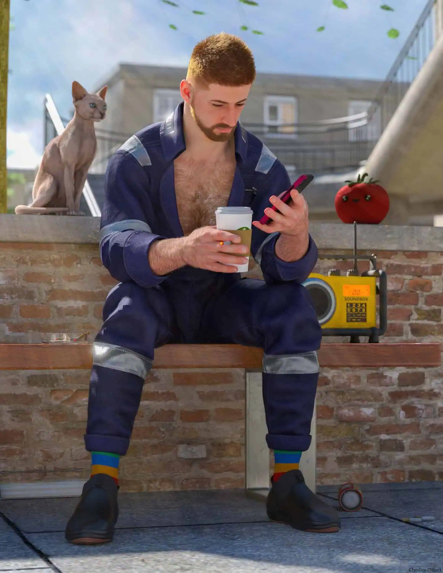 3D character sitting on a bench with a coffee cup, checking phone outside on a city balcony, detailed realistic textures, vibrant colors, casual urban setting, high-quality Daz3D assets focus.