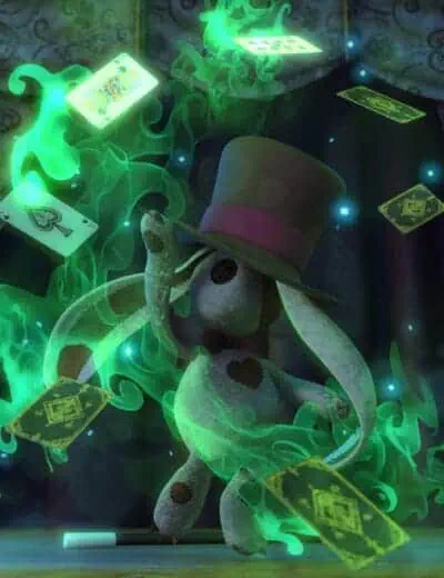 Glowing green magic with playing cards and a stuffed rabbit wearing a top hat, creating a mystical, surreal scene perfect for 3D assets showcasing fantasy or Halloween themes.