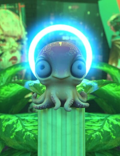 Cute alien octopus 3D model glowing neon light, digital art for sci-fi and fantasy scenes, high-quality Daz3D asset for creative 3D renders and animations, futuristic spaceship design, and virtual environment.