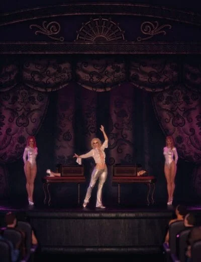 Elegance and glamour with 3D digital models of women performing on a stage, showcasing high-quality Daz3D assets in a theatrical setting, perfect for 3D character design and animation projects.