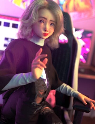 3D digital art of a young woman with blonde hair, freckles, and colorful makeup sitting in a gaming chair in a neon-lit setup. The image highlights 3D character models, gaming environments, and digital artistry.