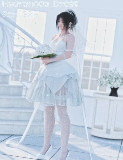 Elegant bridal dress with sheer lace sleeves, layered tulle skirt, and white high heels, ideal for wedding or fashion renders, showcasing high-quality 3D assets for Daz3D.