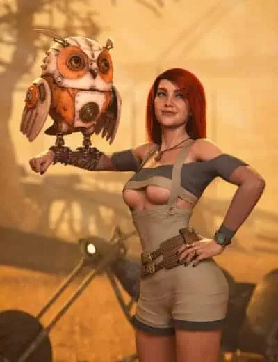 A realistic 3D-rendered woman with vibrant red hair and industrial-style attire, holding a futuristic, steampunk-inspired owl robot against a warm, sunset background with vintage aircraft. Perfect for Daz3D asset showcases.