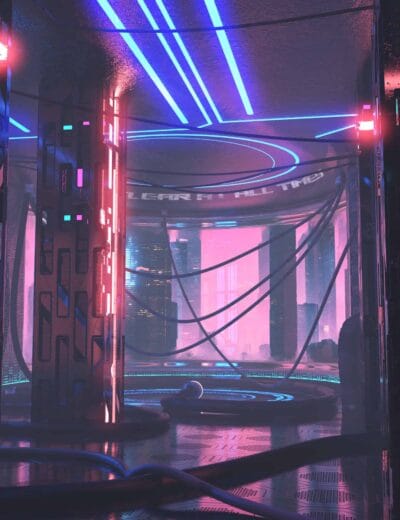 Futuristic cyberpunk cityscape with neon blue and pink lighting, high-rise buildings, holographic displays, creating a sci-fi ambiance for digital art and 3D rendering projects.