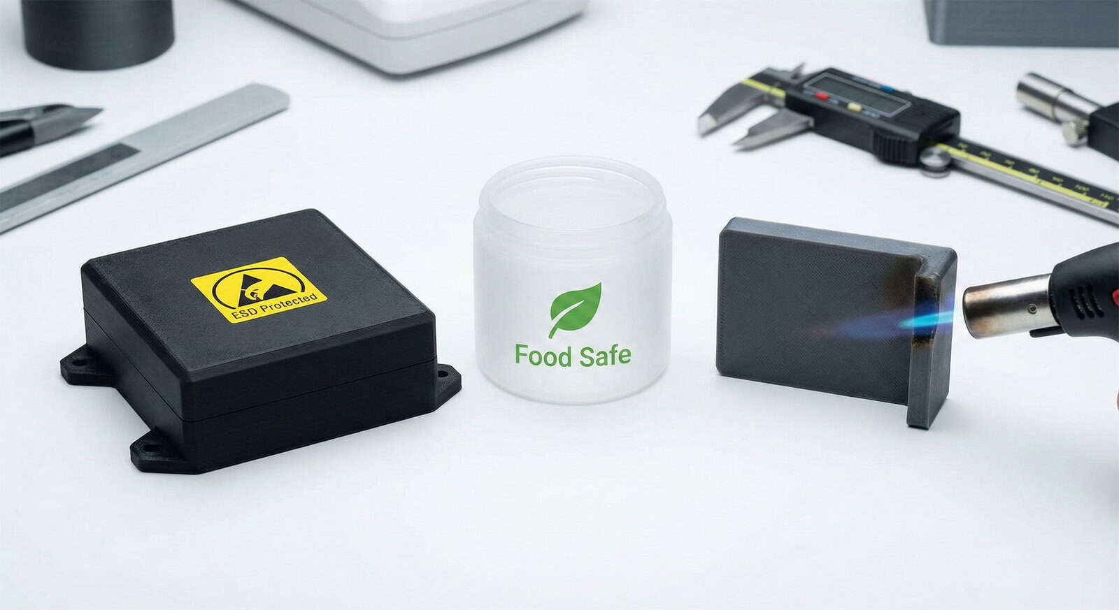 Symboly průmyslových certifikací pro 3D tisk: ESD ochrana, nehořlavost (Flame Retardant) a atest pro styk s potravinami na laboratorním stole.