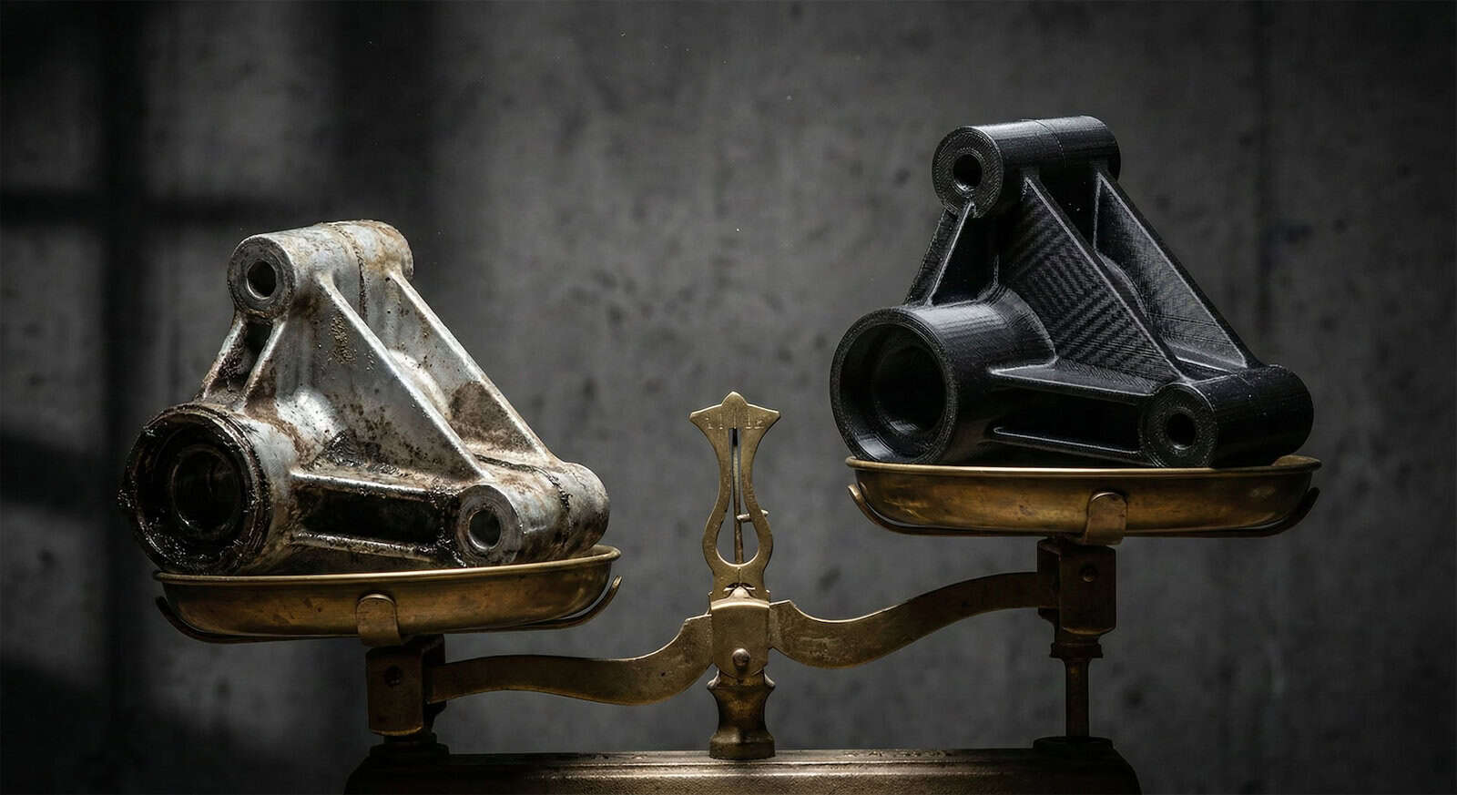 Porovnání hmotnosti na váze: těžký hliníkový díl versus odlehčený díl vytištěný z kompozitu Nylon-Carbon (PA-CF).