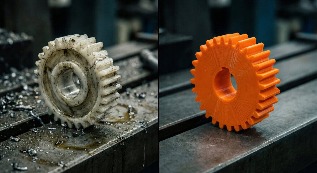 Porovnání prasklého původního dílu a nového ozubeného kola vyrobeného zakázkovým 3D tiskem metodou FDM.