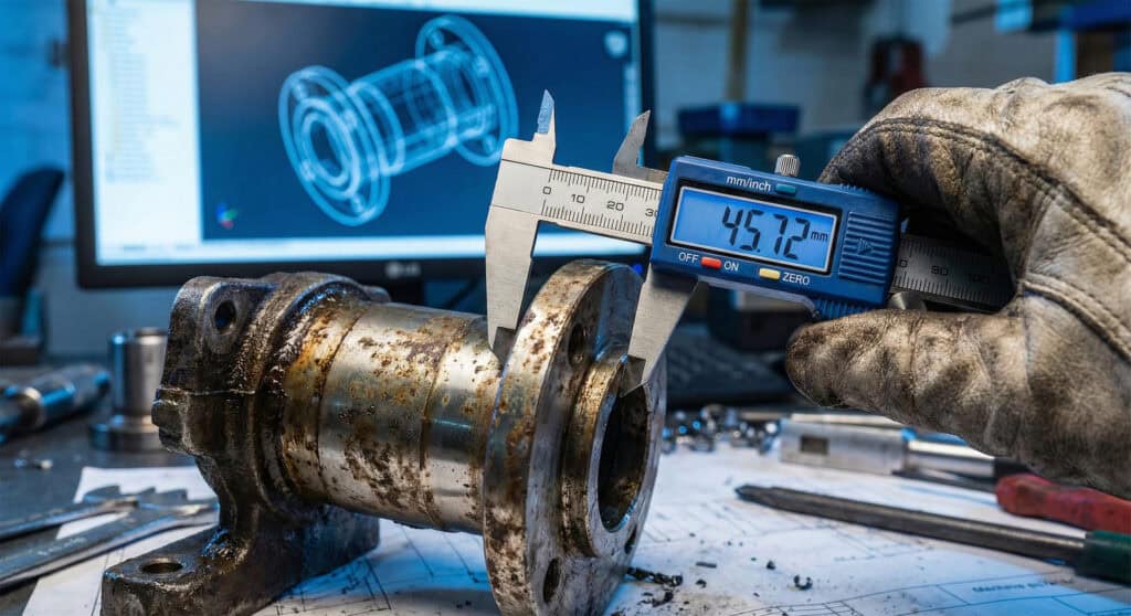 Technik měří posuvným měřítkem starý strojní díl pro účely reverzního inženýrství a tvorby 3D CAD modelu.