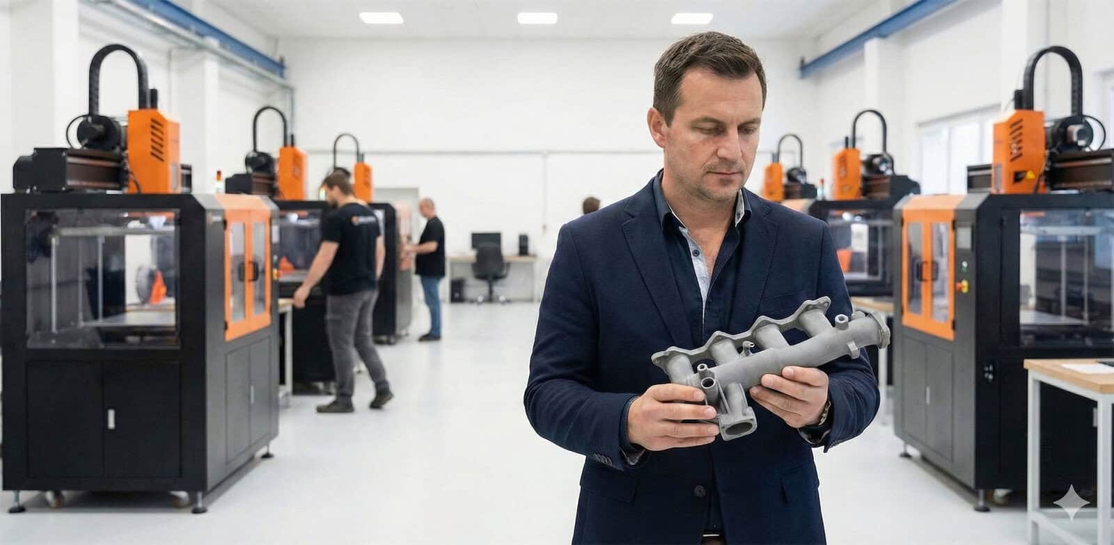 Manažer provádí kontrolu kvality výtisků v hale se sériovou aditivní výrobou a farmou 3D tiskáren.