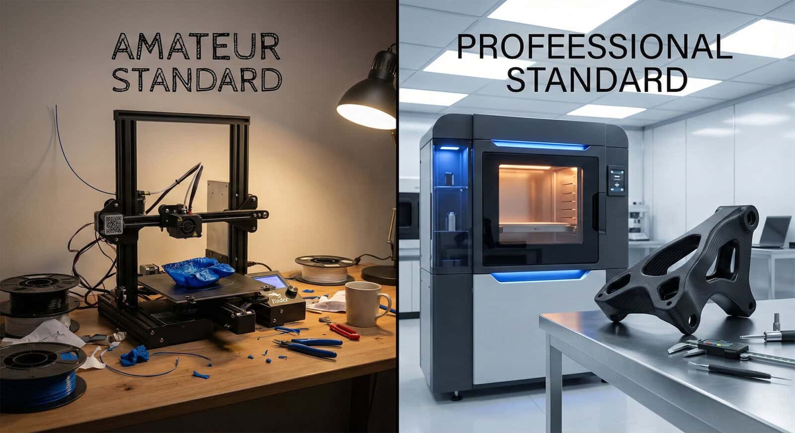 Vizuální srovnání dodavatelů 3D tisku: Vlevo chaotické hobby prostředí s nekvalitními výtisky, vpravo čistá průmyslová laboratoř s precizními kompozitními díly.