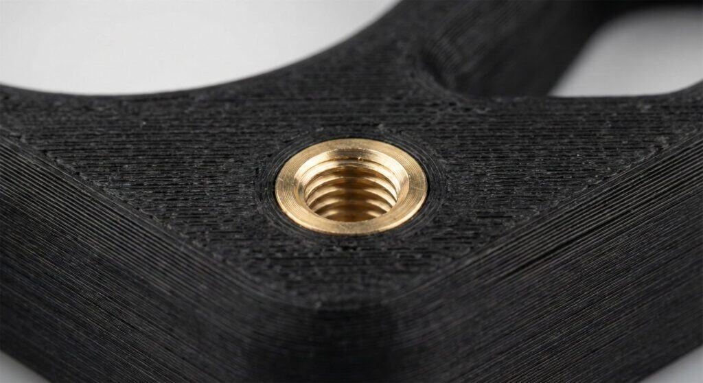 Makro detail 3D tištěného kompozitního dílu z uhlíkových vláken s mosaznou závitovou vložkou pro maximální pevnost spoje.