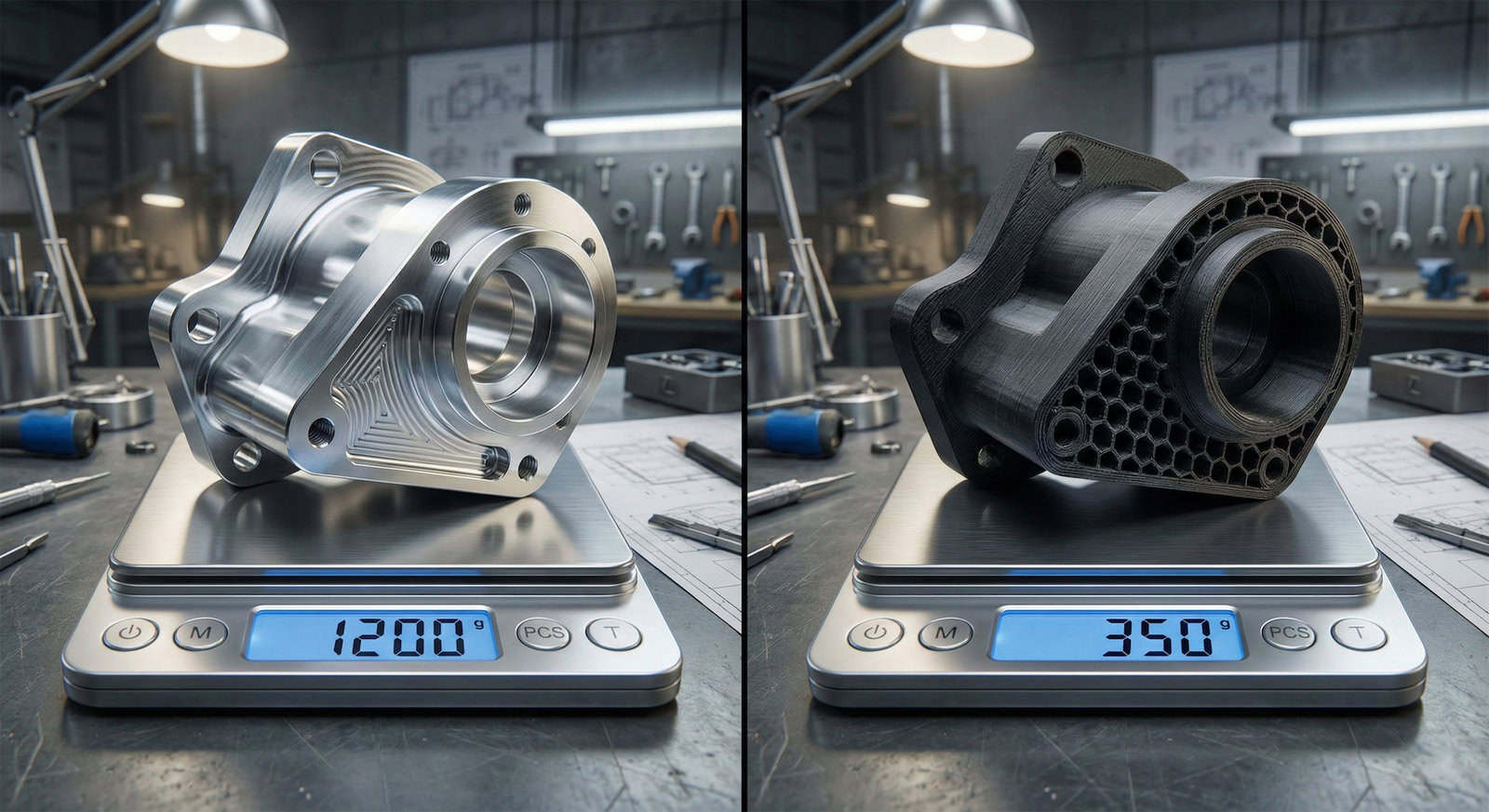 Srovnání hmotnosti a technologie: Těžký frézovaný hliníkový díl vs. lehká a pevná náhrada vytištěná z inženýrského uhlíkového kompozitu.