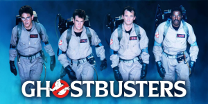 Ghostbusters movie poster featuring four men in Ghostbusters uniforms.
