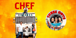 The three hosts of "Three Guys and a Flick" standing in front of a food truck with a bright yellow b.