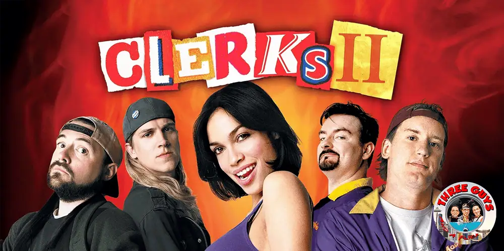 Group of five people, four men and one woman, posing together for Clerks II review.