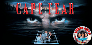 Cape Fear movie poster with intense eyes and a boat on water background.