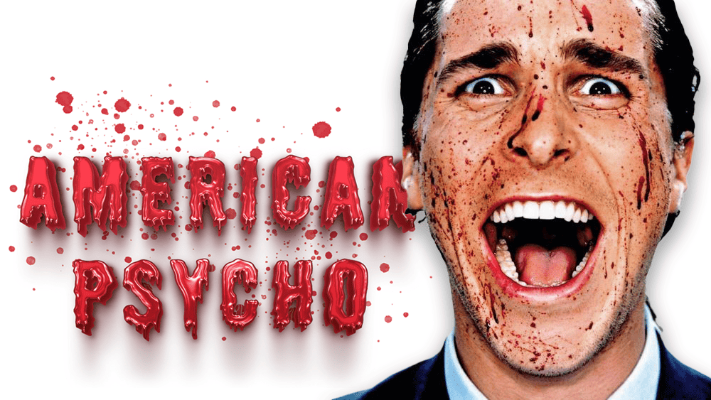 Image of a man with blood-splattered face, screaming, from American Psycho movie review.
