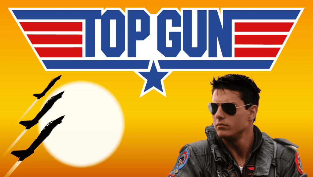 Top Gun movie poster featuring a fighter pilot with sunglasses against a sunset background.