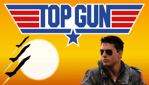 Top Gun movie poster featuring a fighter pilot with sunglasses against a sunset background.