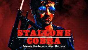 Image of Sylvester Stallone as Cobra with sunglasses and gun from the movie Cobra.